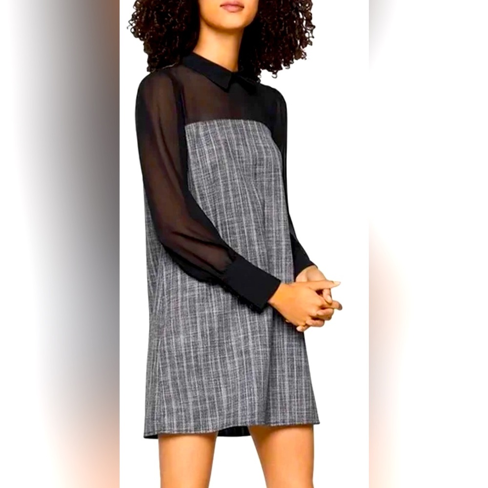 BCBGeneration Black Sheer Long Sleeve Plaid/Twill Collared Dress